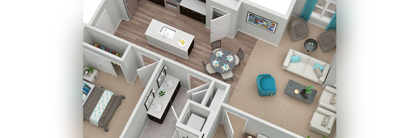3D layout of senior living apartment.