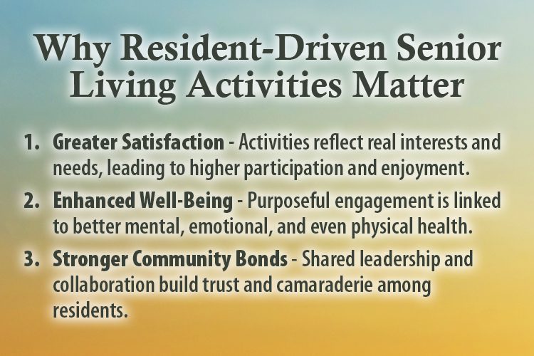 Someren Glen Senior Living Community in Centennial, CO - why resident driven activities matter list